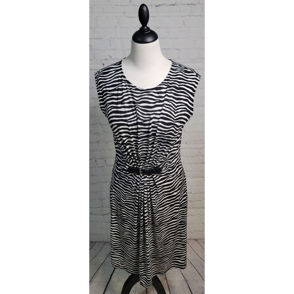 Michael Kors Zebra Dress Sz Sm Sleeveless Cinch Waist Knee Length Career Zip Up
